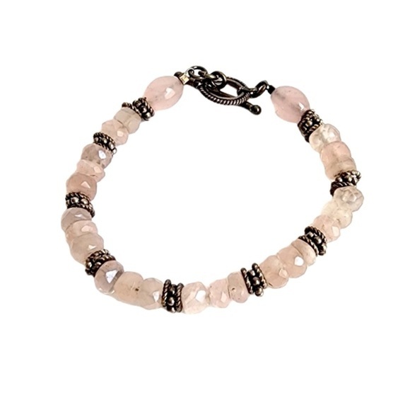 Vintage Jewelry - Vintage Rose Quartz Beaded Bracelet Silver Tone Feminine Dainty Barbie Pink